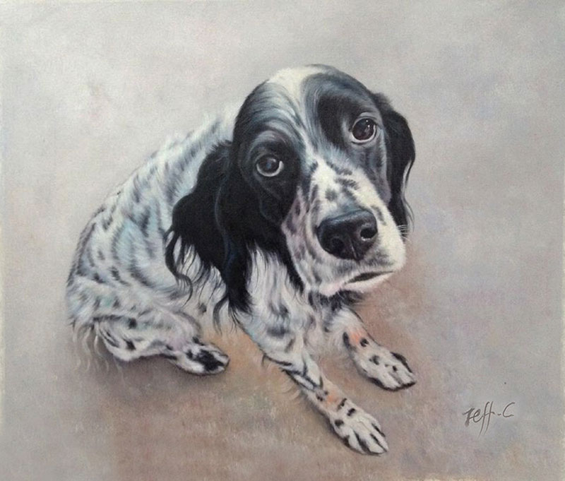 a handmade painting of a spotty white dog