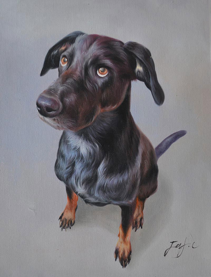 a handmade oil painting of a dog looking up