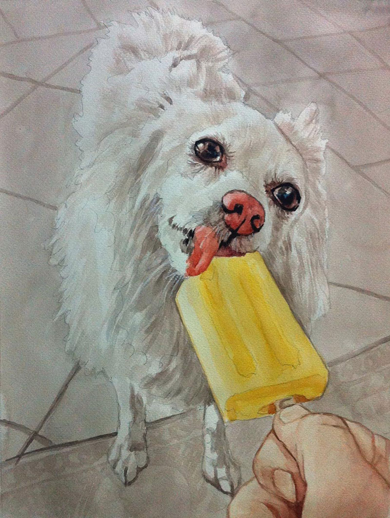 custom watercolor painting of white dog licking popsicle