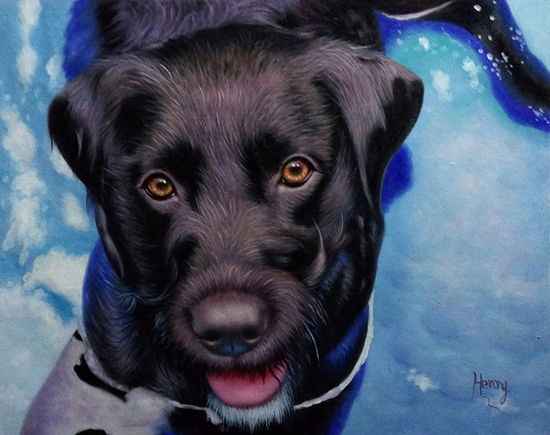 Painting of a black dog`s head and shoulders against a blue background.