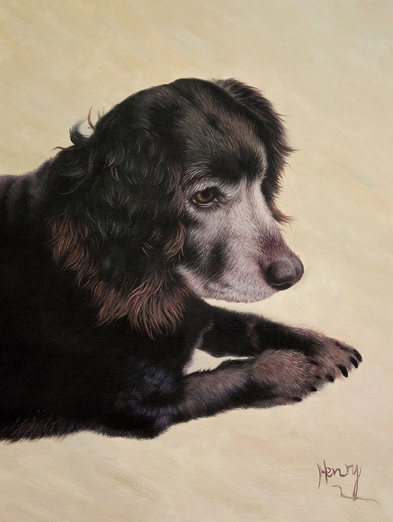 Painting of a black dog lying down