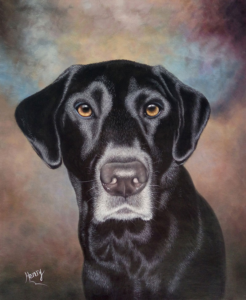 Painting of a black Labrador Retriever.