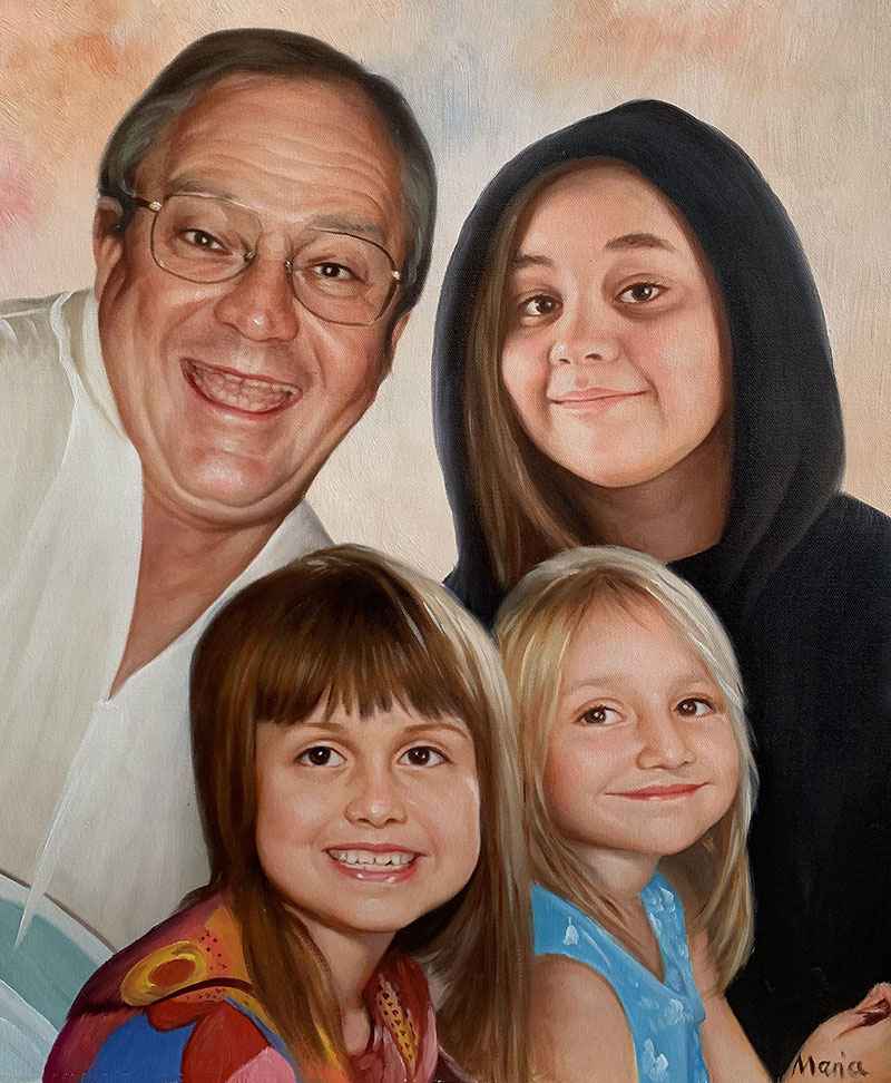Painted portrait of a grandfather and three granddaughters.