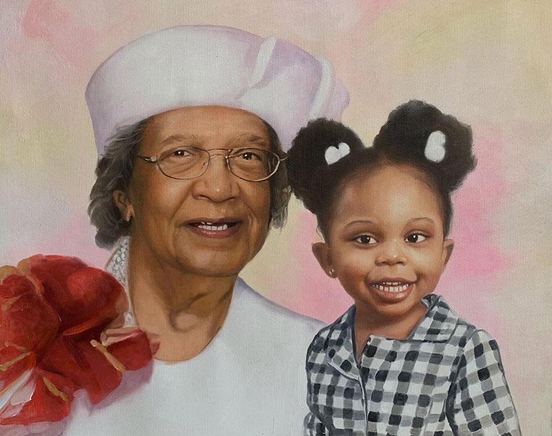 Painted portrait of an elderly woman and a young girl.