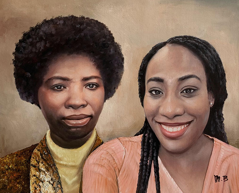 Painting of two Black women, one older with an afro and one younger with long braids.