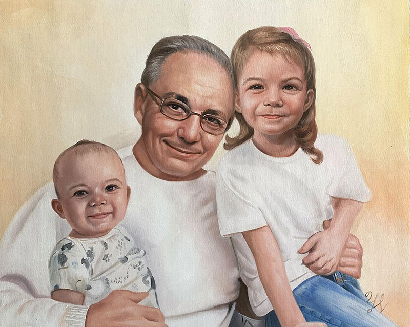 Portrait painting of a grandfather with a baby and a young girl.