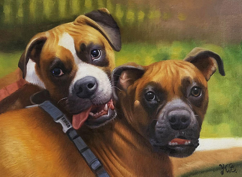 Painting of two fawn Boxer dogs cuddling.