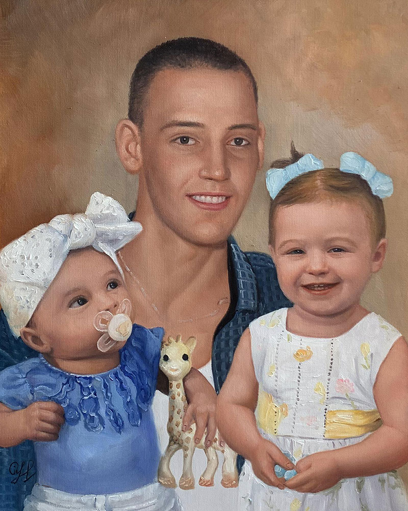 Portrait painting of a man with two young girls, one holding a Sophie the Giraffe toy.