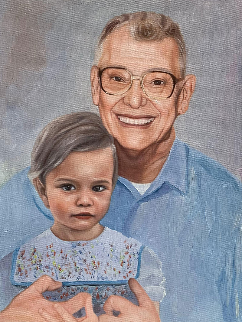 Painting of a smiling grandfather holding a toddler.