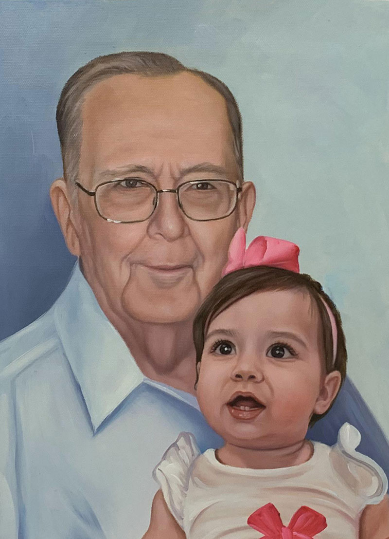 Painting of an elderly man in glasses holding a toddler girl.