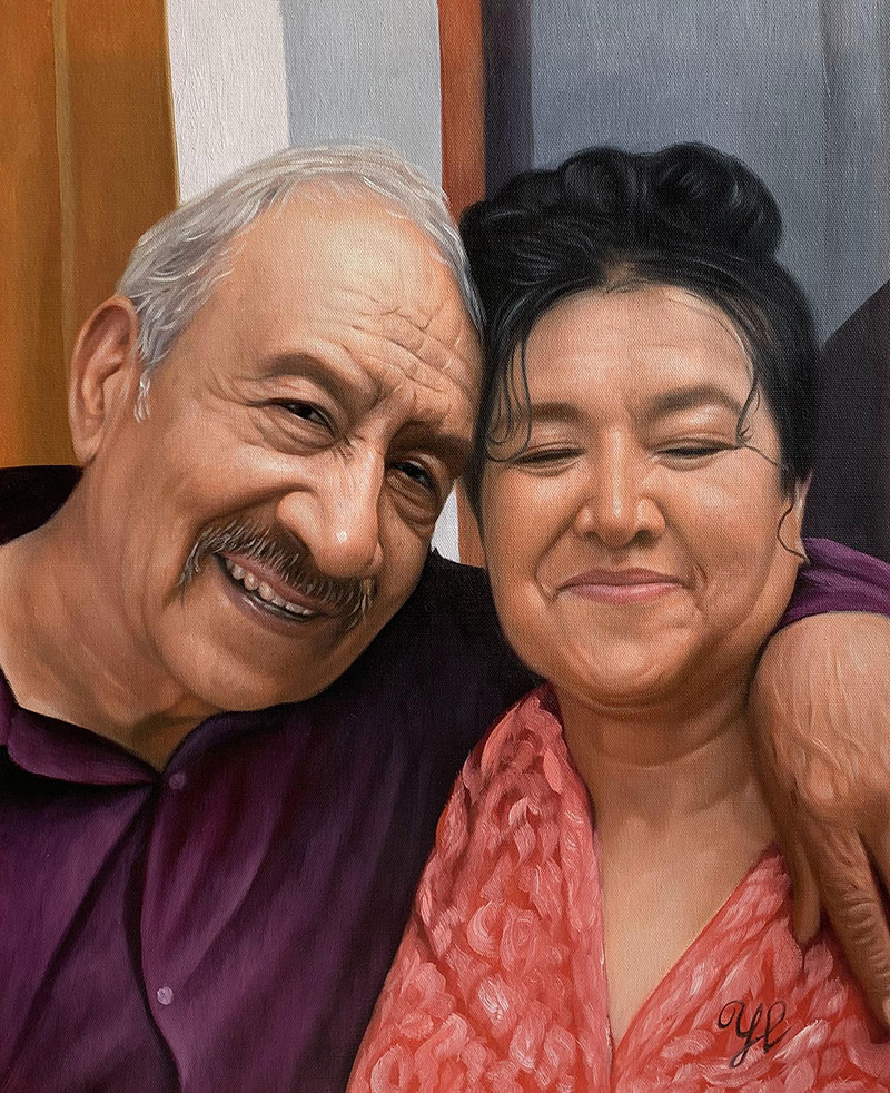 Oil painting portrait of an older couple embracing.
