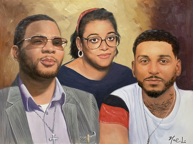 Painted portrait of three people: a man in glasses and a gray jacket, a woman in glasses and a dark shirt, and a man in a white shirt.