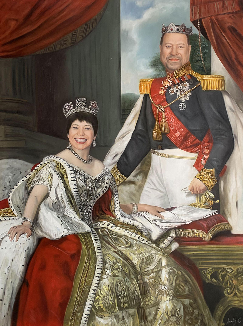 Oil painting of a king and queen in regal attire.