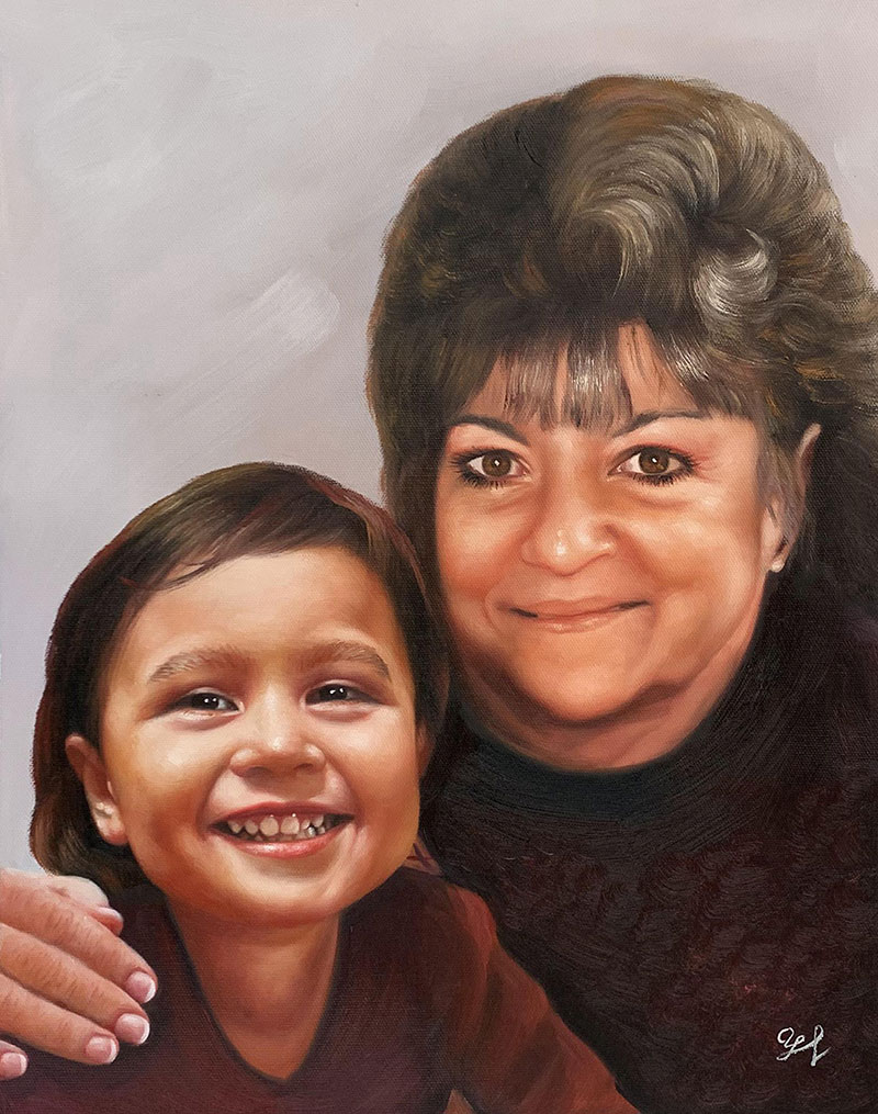Oil painting portrait of a grandmother and grandchild.