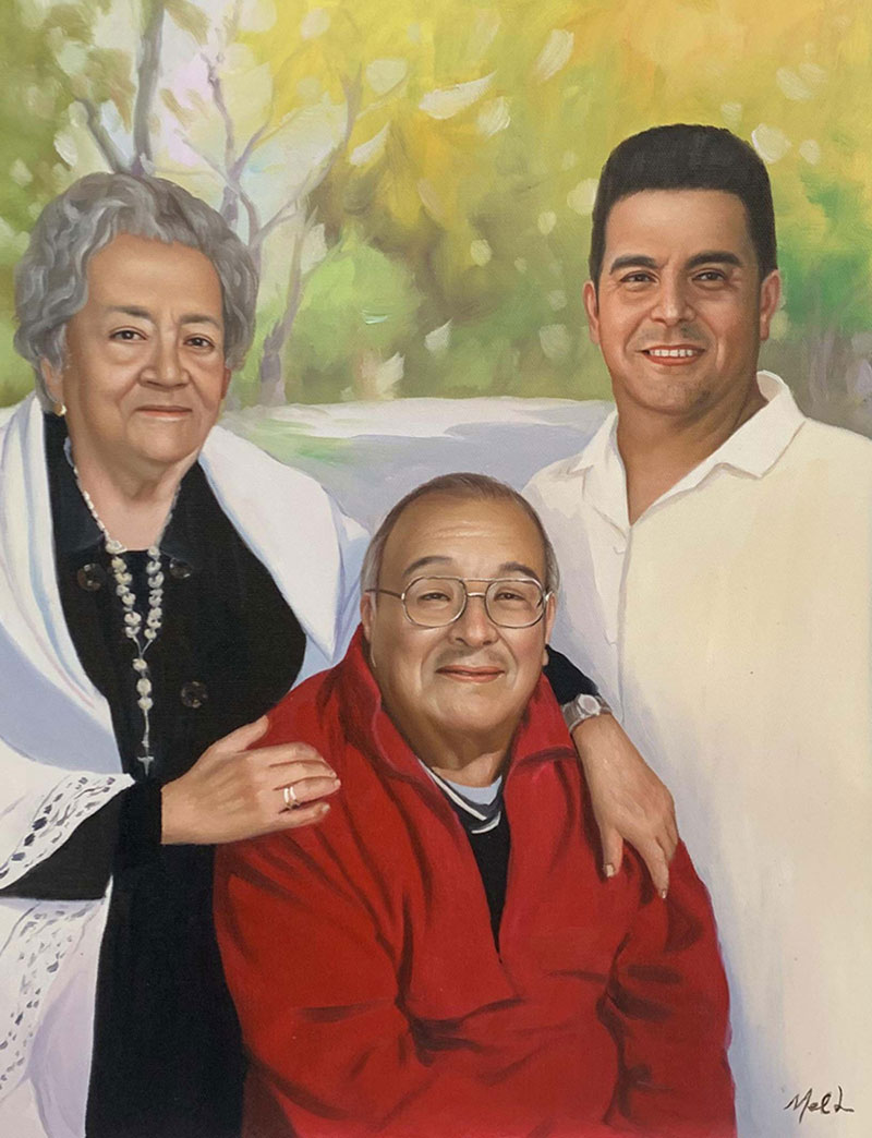 Painted portrait of three people: an elderly woman, an elderly man in a red jacket, and a younger man.