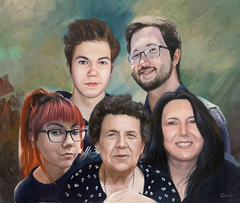 Oil painting portrait of a family: two adult women, two young men, and an elderly woman.