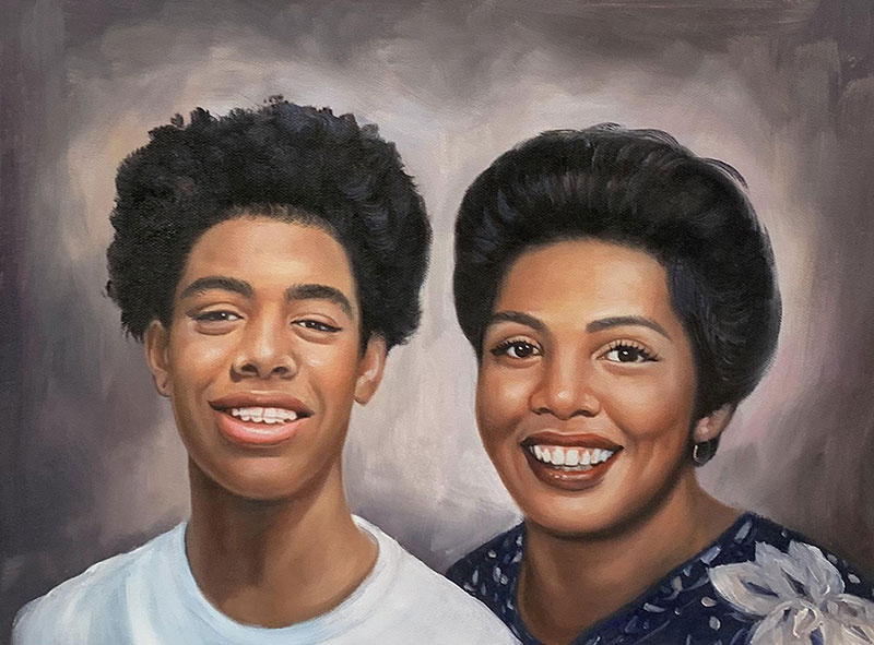 Painted portrait of a smiling mother and son.