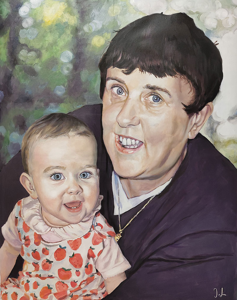 Painting of a woman holding a baby wearing a strawberry dress.