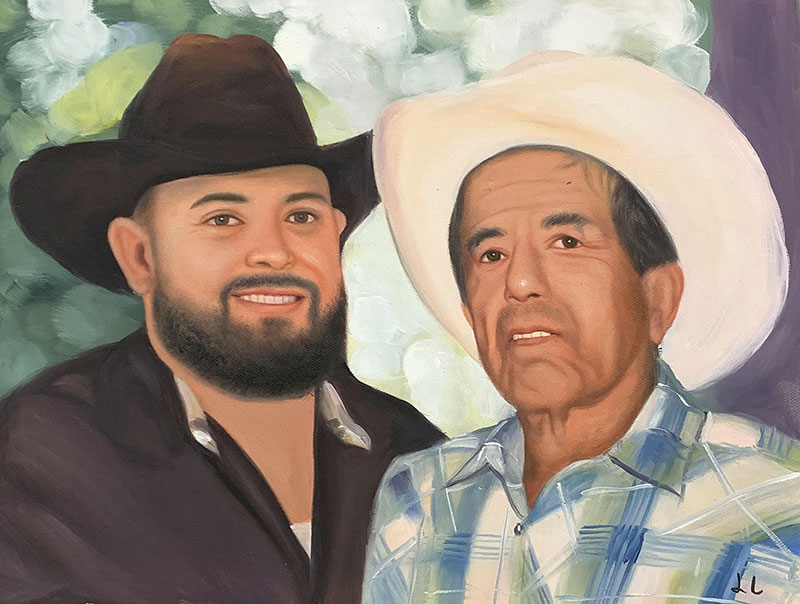 Painting of two men in cowboy hats.