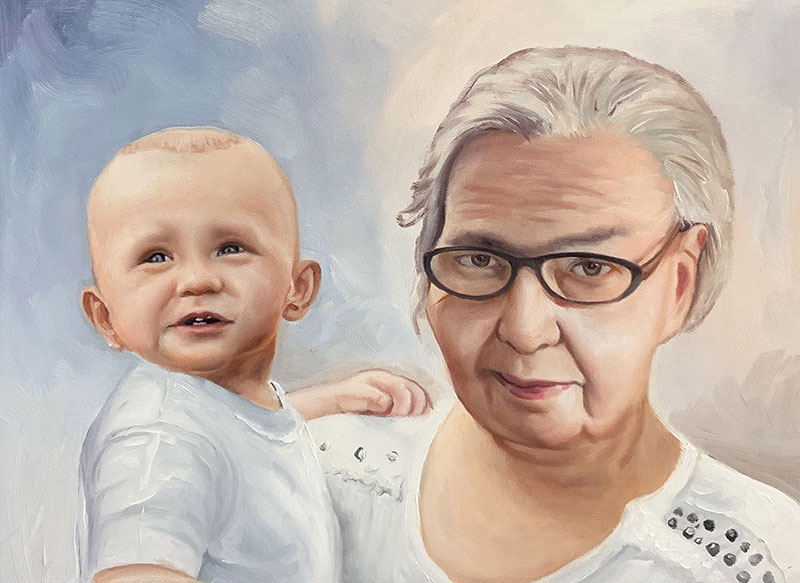 Painting of a baby and an older woman with glasses.