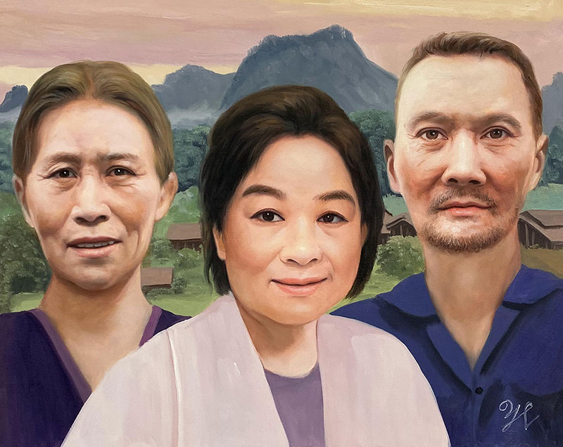 Portrait of three people in front of a landscape painting.