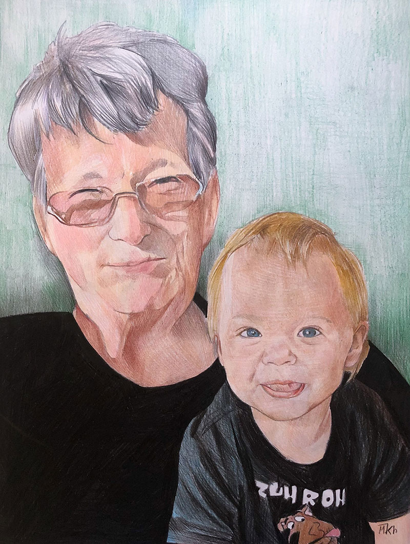 Beautiful color pencil drawing of grandmother and child