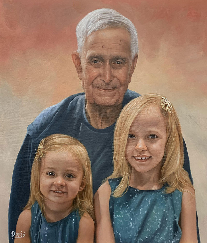 Hyper realistic oil artwork of grandfather with two kids