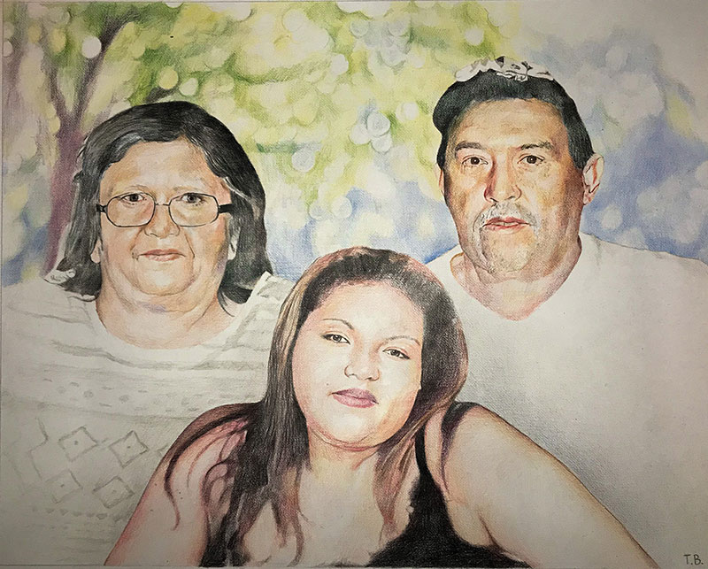 Beautiful handmade color pencil artwork of parents and child