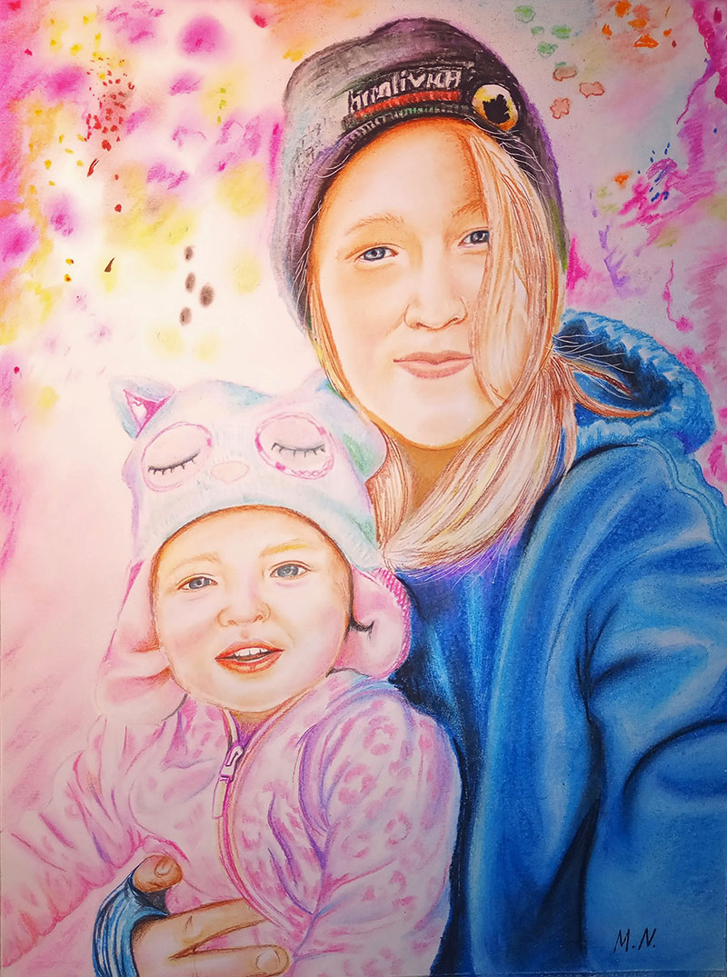Colored pencil portrait of a young girl holding a toddler.