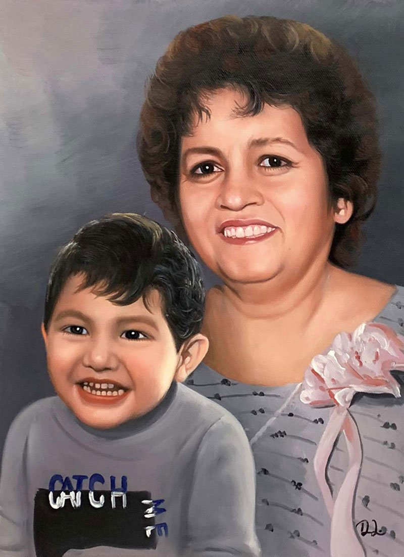 Beautiful oil portrait of a grandmother with grand kid