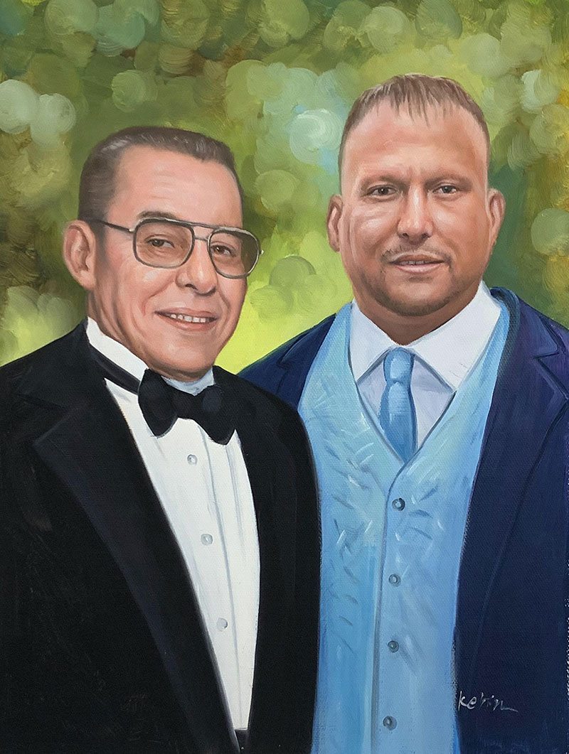 Painted portrait of two men in formal wear, one in a tuxedo, the other in a suit and vest.