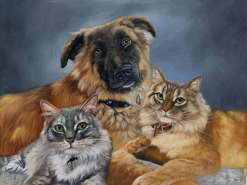 Custom handmade oil painting of multiple pets