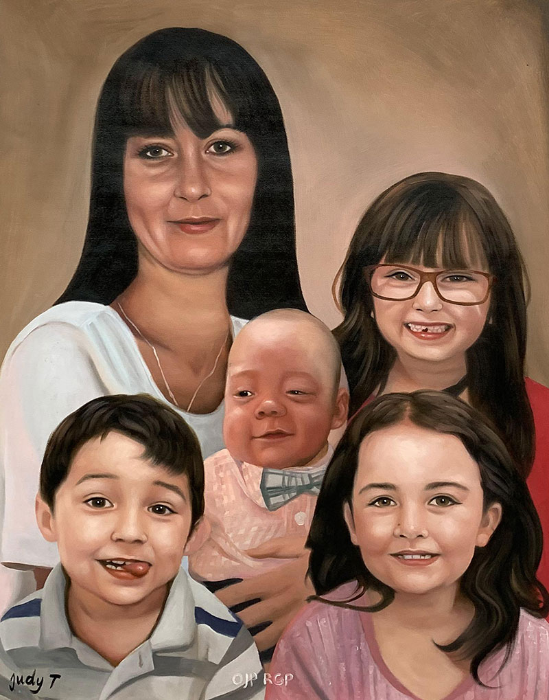 Custom handmade oil painting of a grandmother and kids