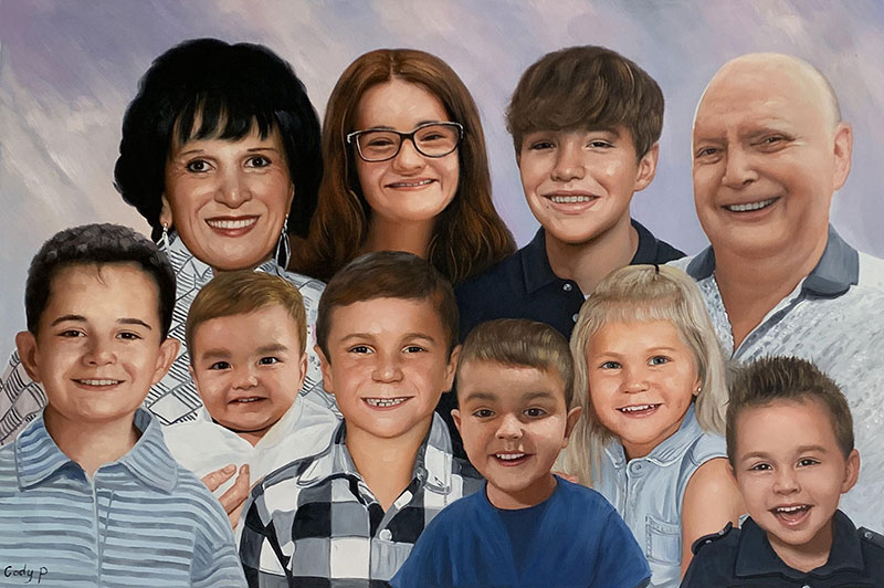 Custom oil painting of grandparent and grandchildren