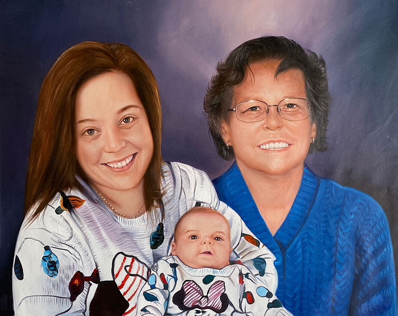 Painted portrait of a mother, grandmother, and baby.