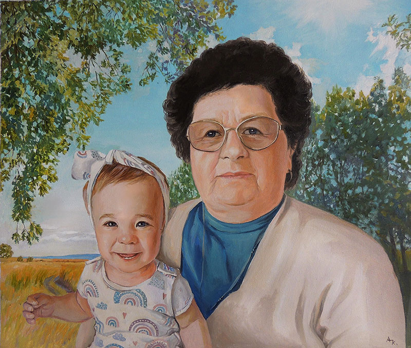 Gorgeous oil portrait of a grandmother and a grandchild