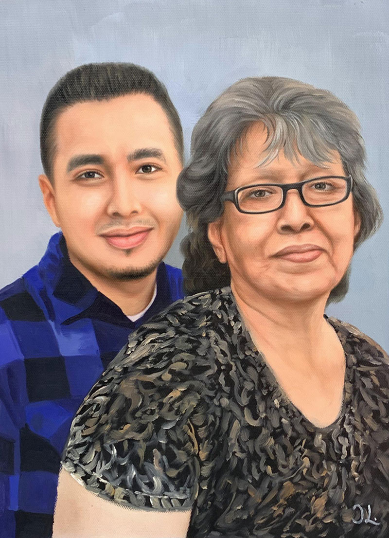Oil painting portrait of a young man and older woman.