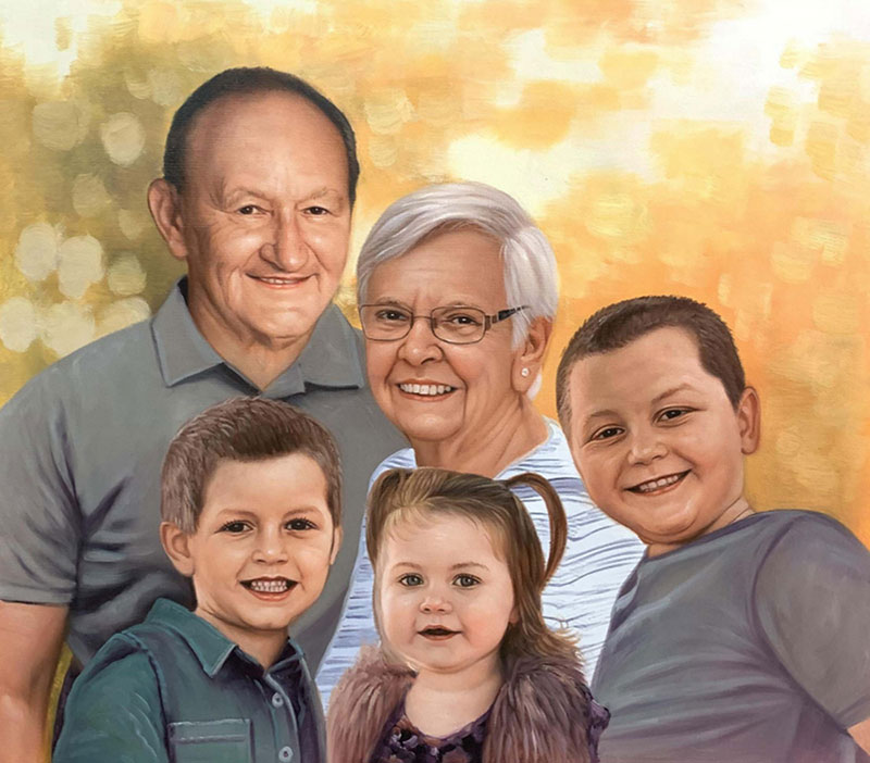 Painted portrait of grandparents with two grandchildren.