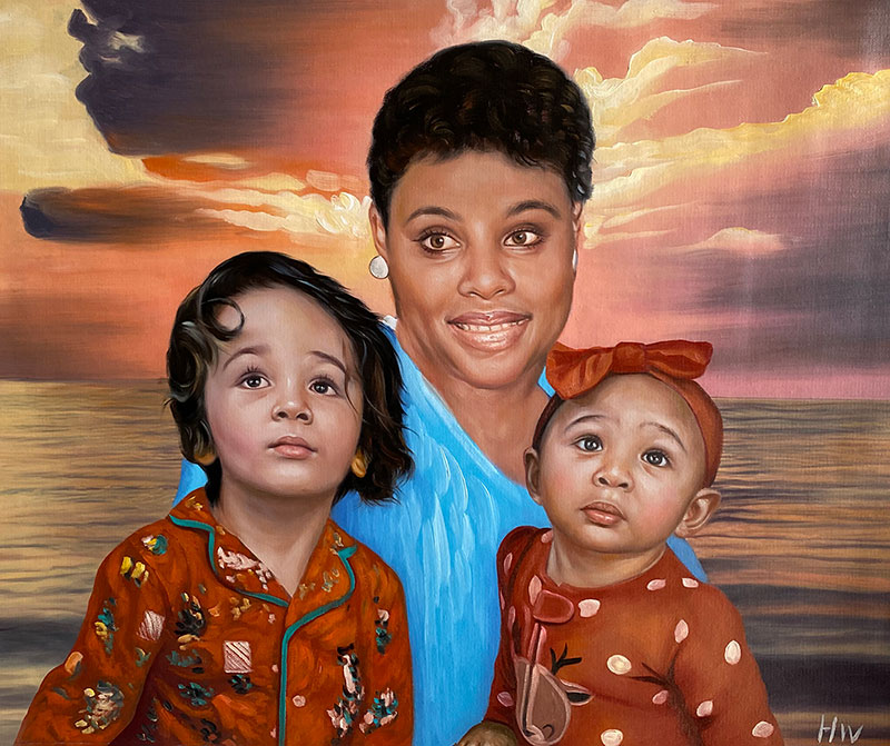 Gorgeous oil portrait of a grandmother and a grandchildren