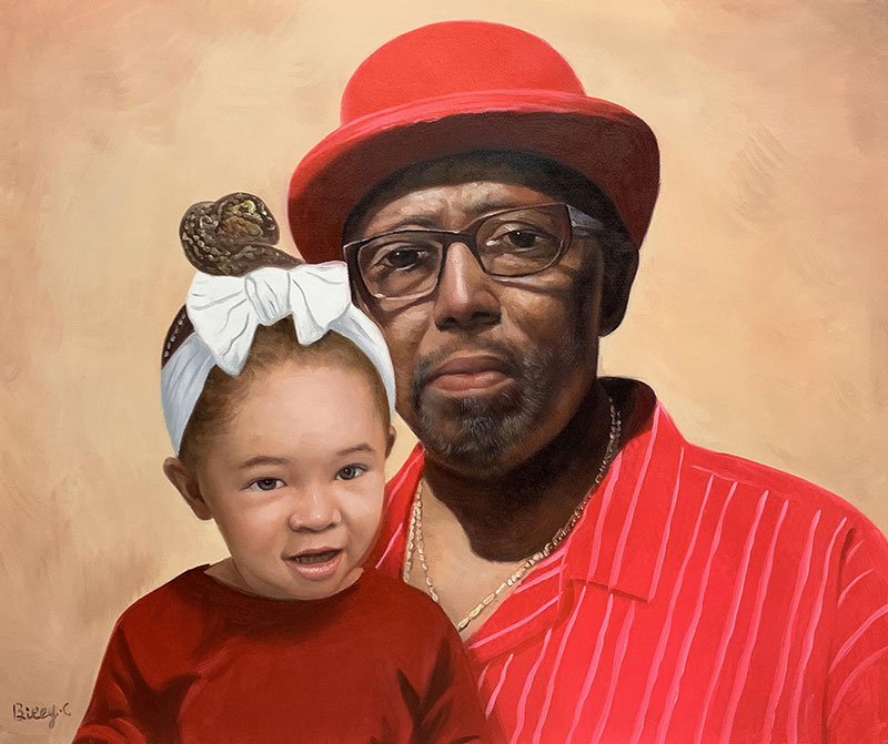 Gorgeous realistic oil painting of grandfather and a child