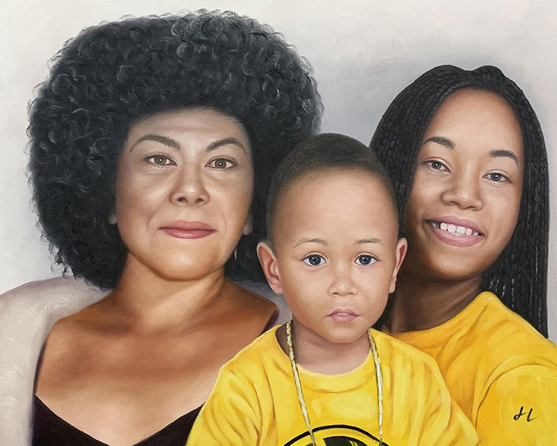 Realistic oil portrait of a grandmother and grandchildren