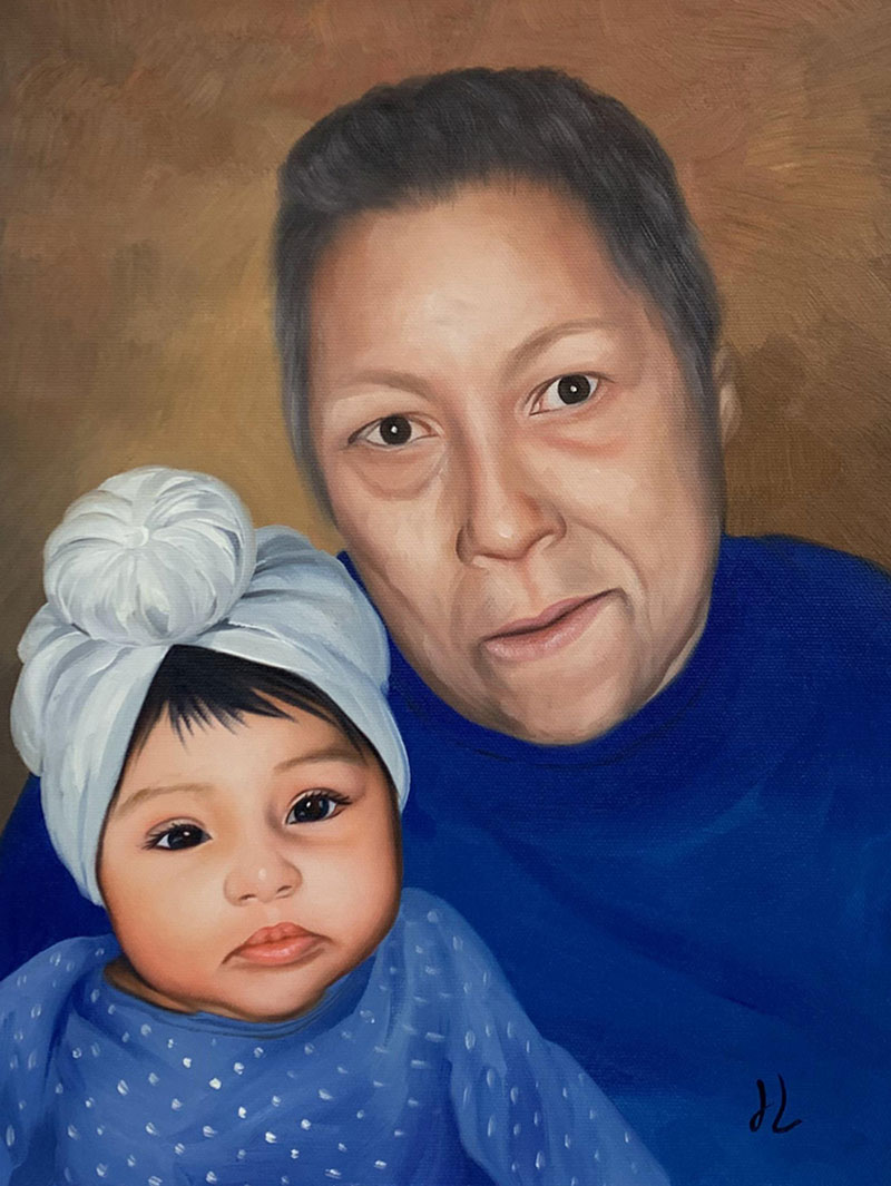 Beautiful handmade oil painting of grandmother and kid