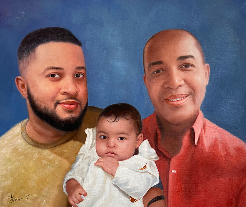 Painted portrait of two men and a baby.