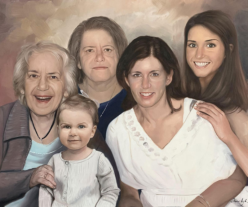 Painted portrait of four women and a toddler girl.
