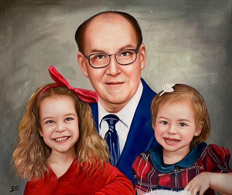 Custom acrylic painting of grandfather and grandchildren