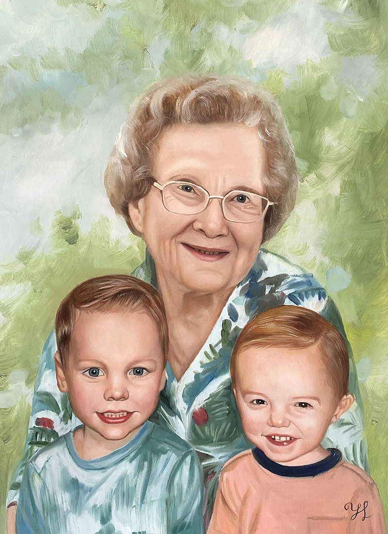 Oil painting portrait of a grandmother and her two grandsons.