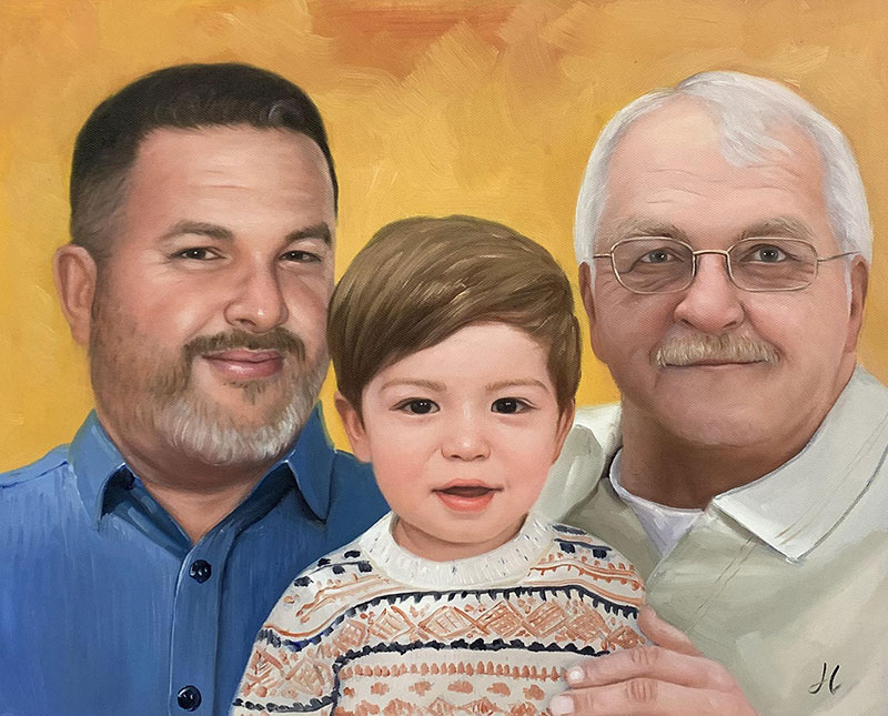 Painted portrait of two men and a toddler.