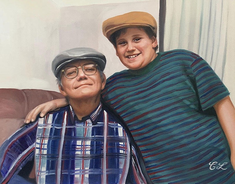 Custom handmade oil painting of a grandfather and a grandson