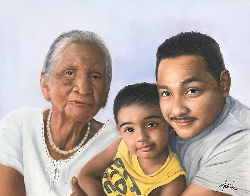Painted portrait of an elderly woman, a man, and a young boy.