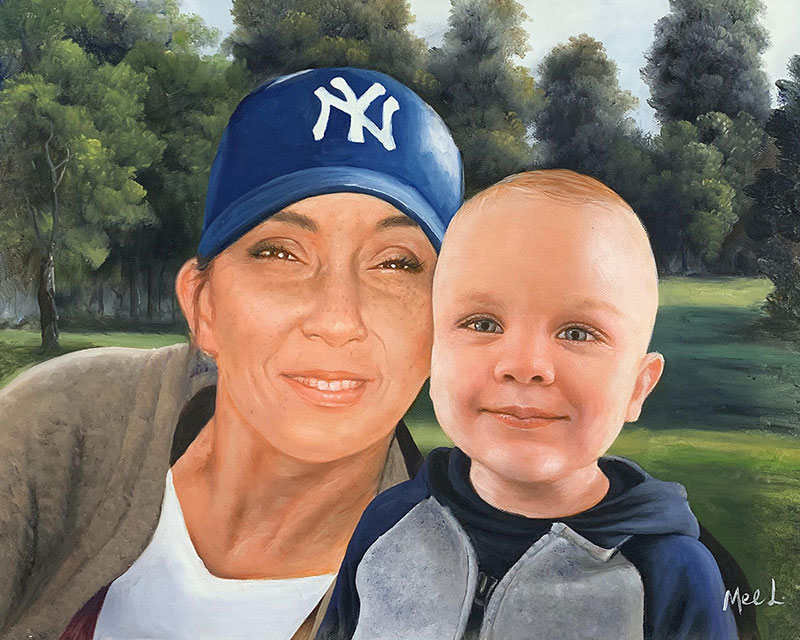 Oil painting of a woman wearing a New York Yankees baseball cap and a toddler, set against a park background.